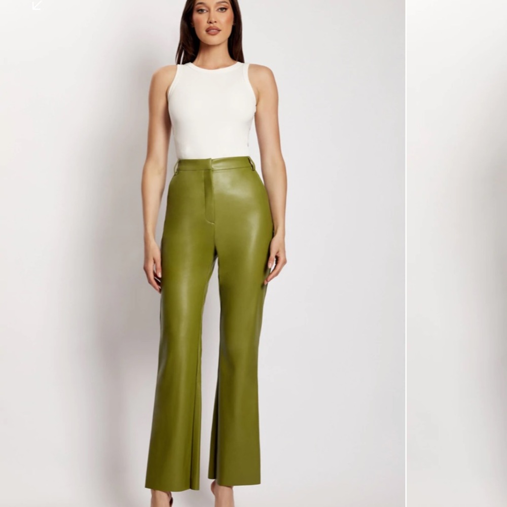 Meshki green, medium leather kick flare pants.